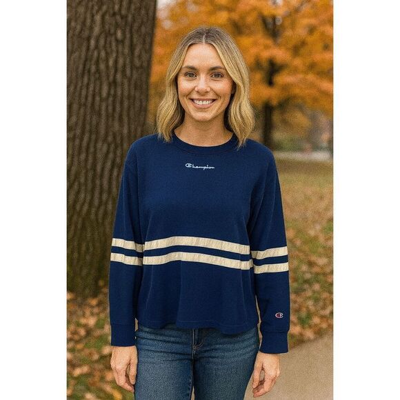 Champion Navy Blue Striped Long Sleeve Athletic Top | Size M | Logo Crewneck Tee - Picture 2 of 5